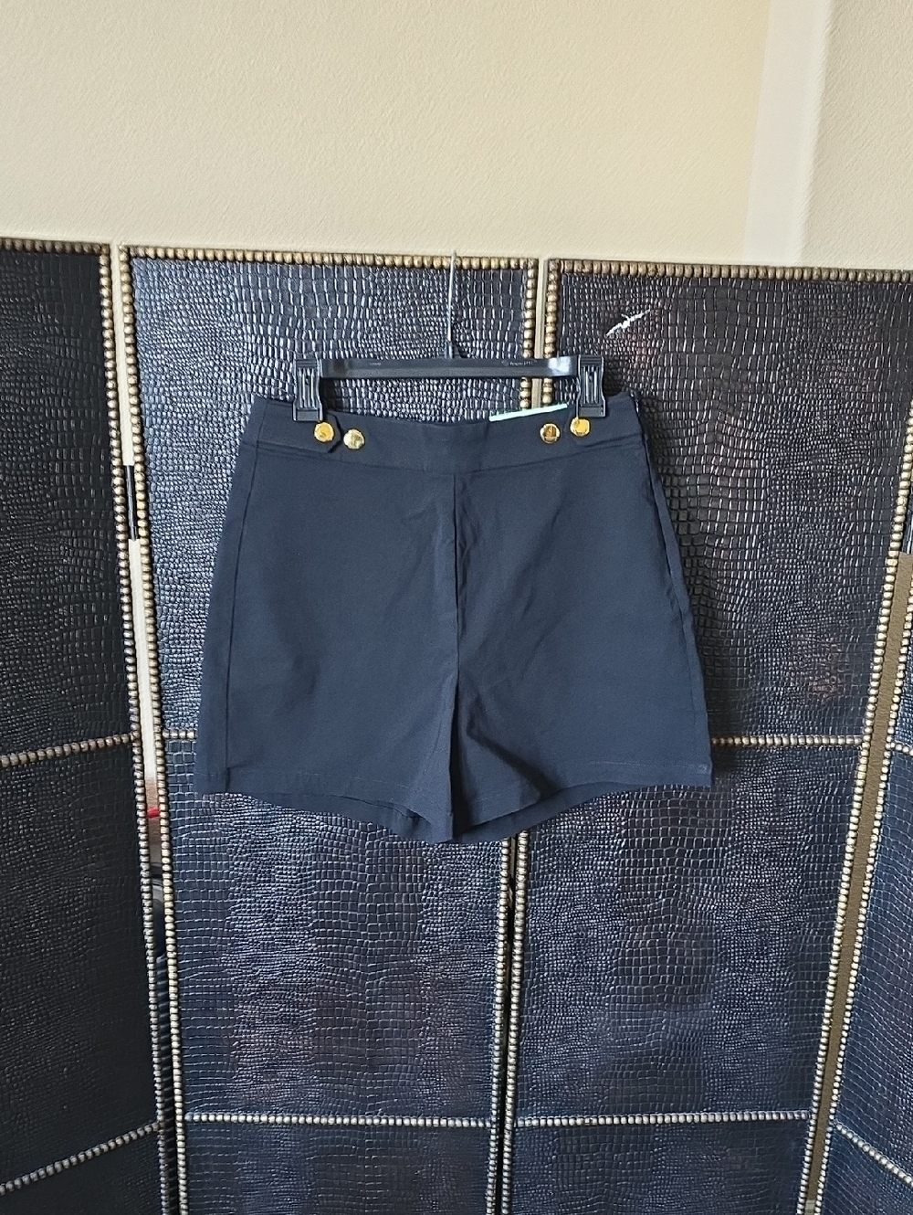 INC International Concepts Black High-Rise Shorts with Gold Button Detail